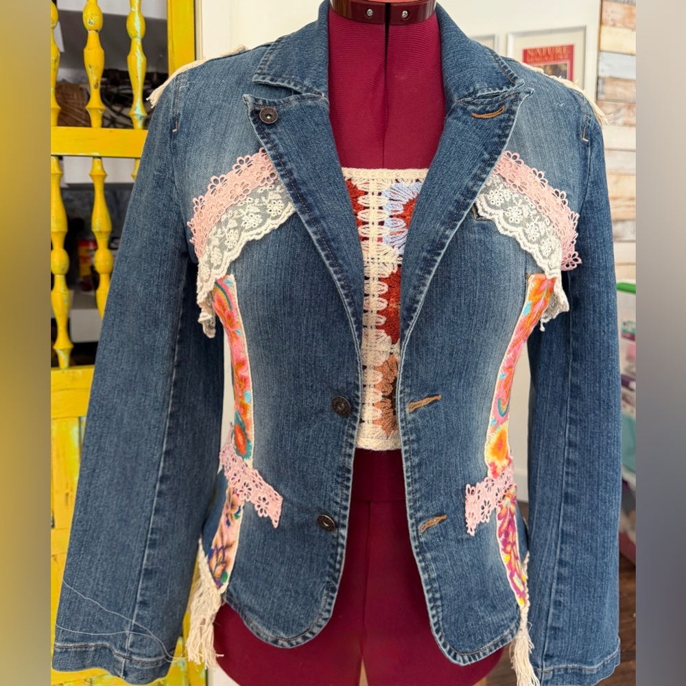 Boho Chic Denim Jacket with Lace and Embellishments